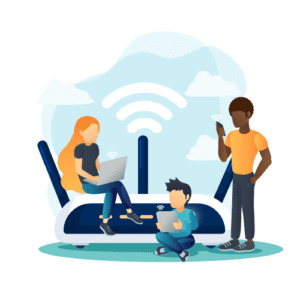 Ungdomar sitter på en wifi router och har wifi problem