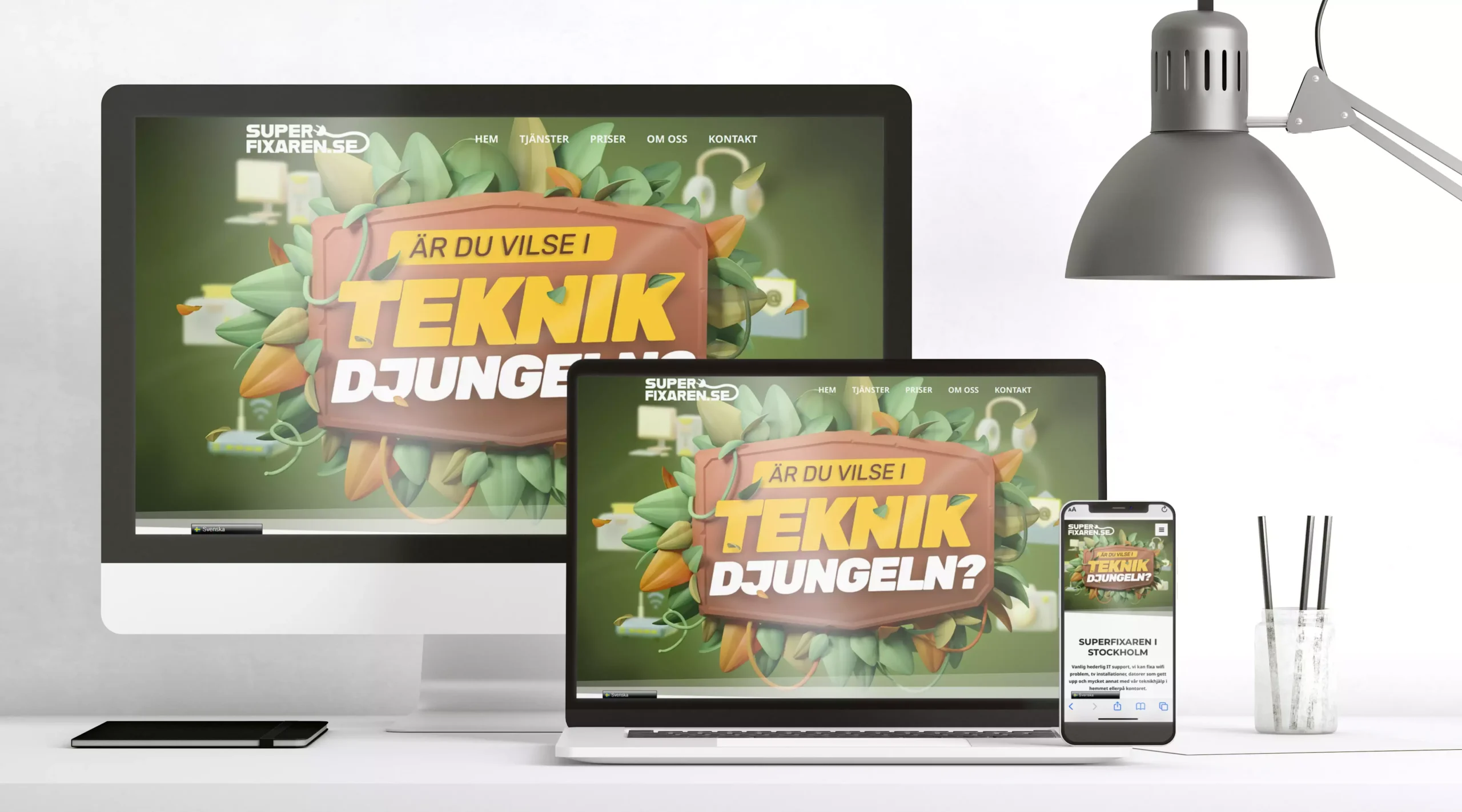 bild med en desktop dator, en laptop samt en mobiltelefon