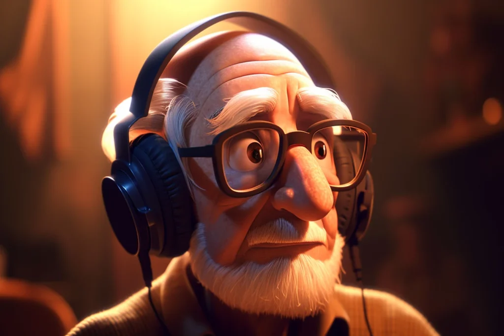 En äldre man har ett par hörlurar på sig