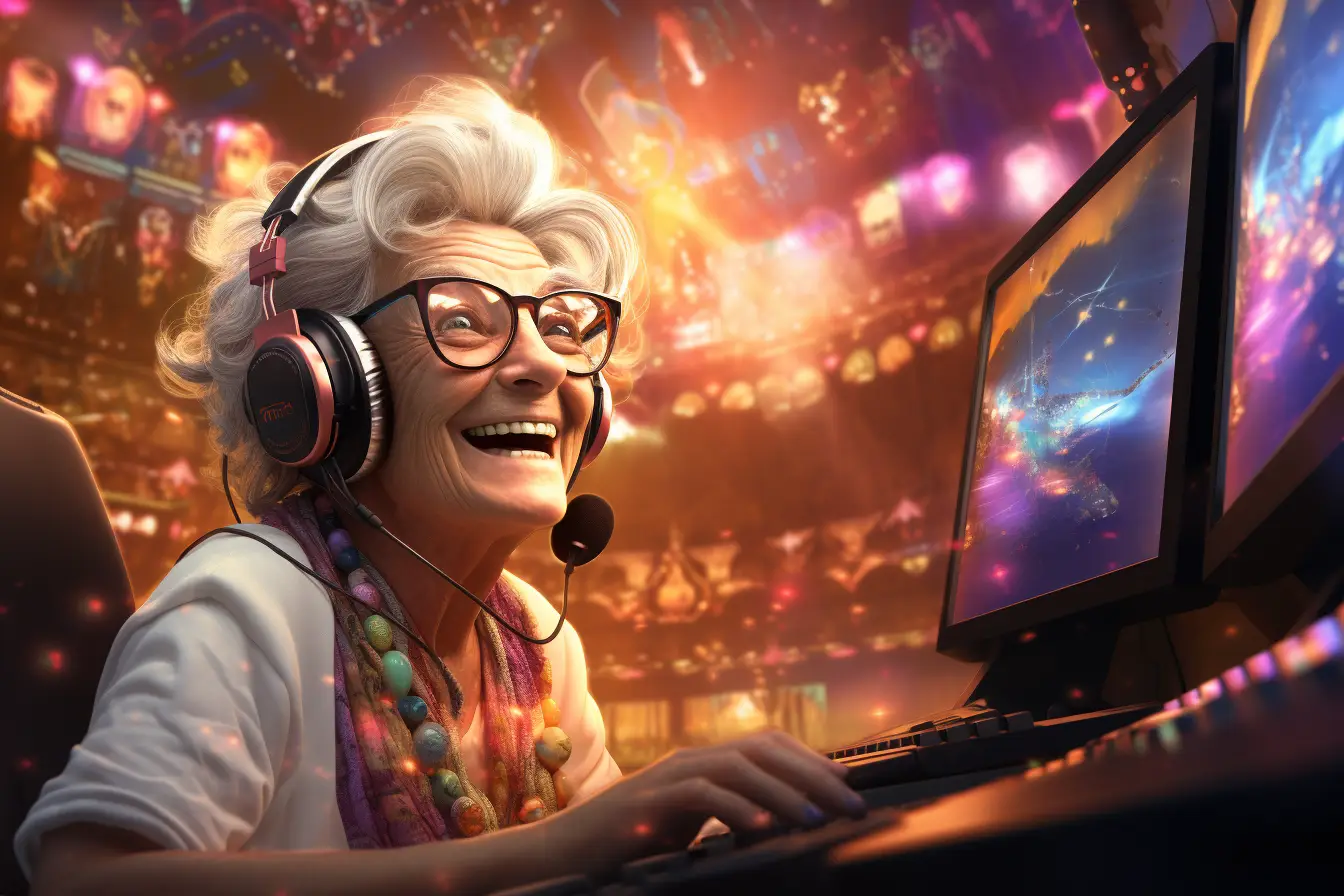 En äldre glad kvinna sitter vid sin dator
